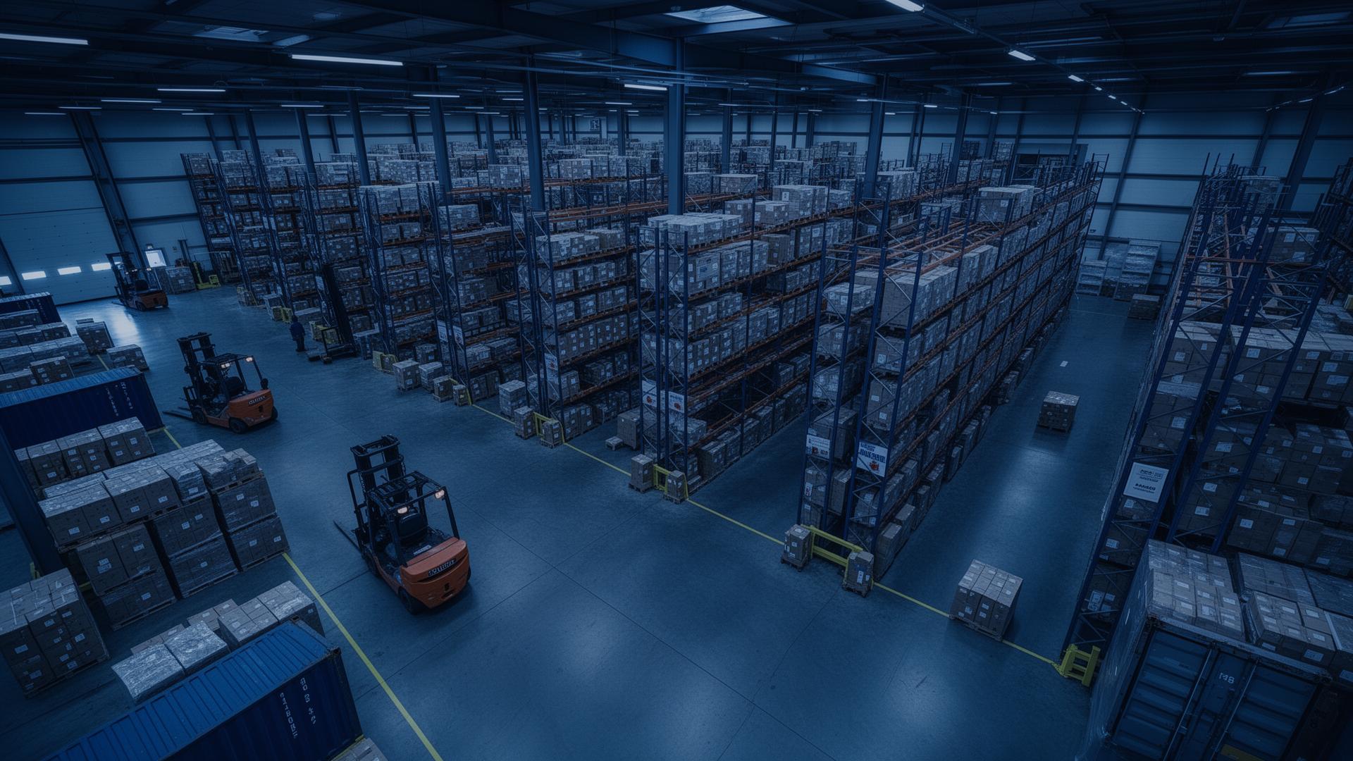 Logistiklager mit Hochregalen und Gabelstaplern